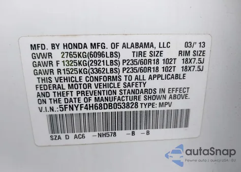 2013 Honda Pilot Ex-L z USA, uszkodzony, nr VIN 5FNYF4H68DB053828